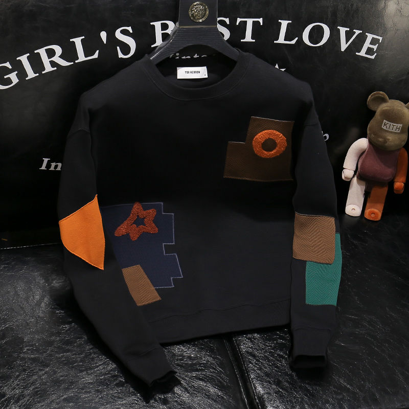 爆款男士卫衣2023年秋季新款ins高端潮牌补丁圆领休闲衣痞帅刺HHM