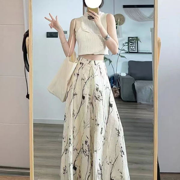 【tuddy】新中式禅意水墨印花阔腿裤女夏季宽松遛弯裤