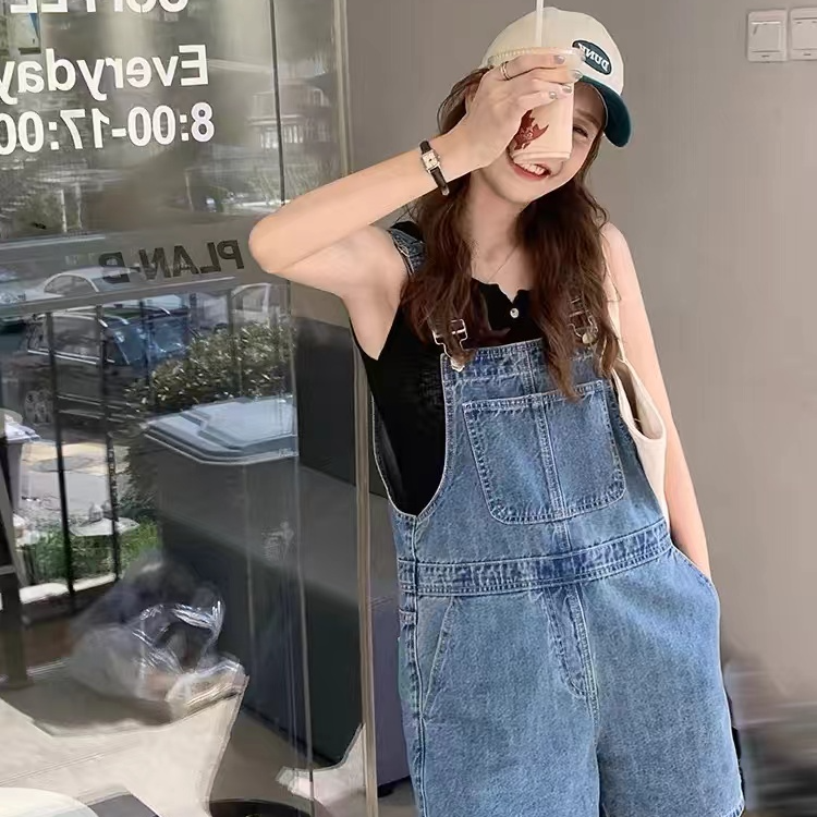 tuddy牛仔背带短裤女夏薄款高智淡人减龄连体工装阔腿裤套装