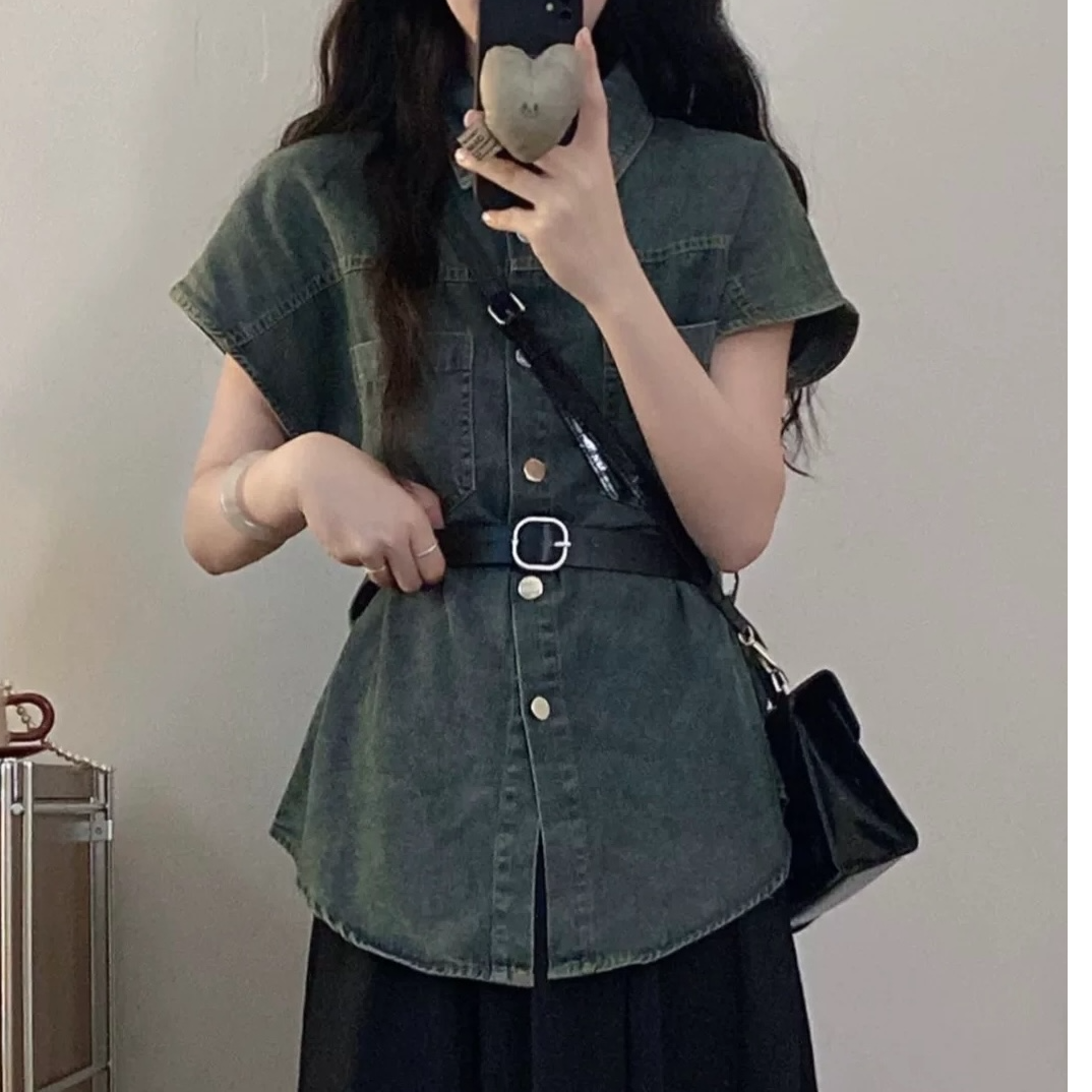 tuddy大码女装夏季新款胖mm美式复古牛仔上衣