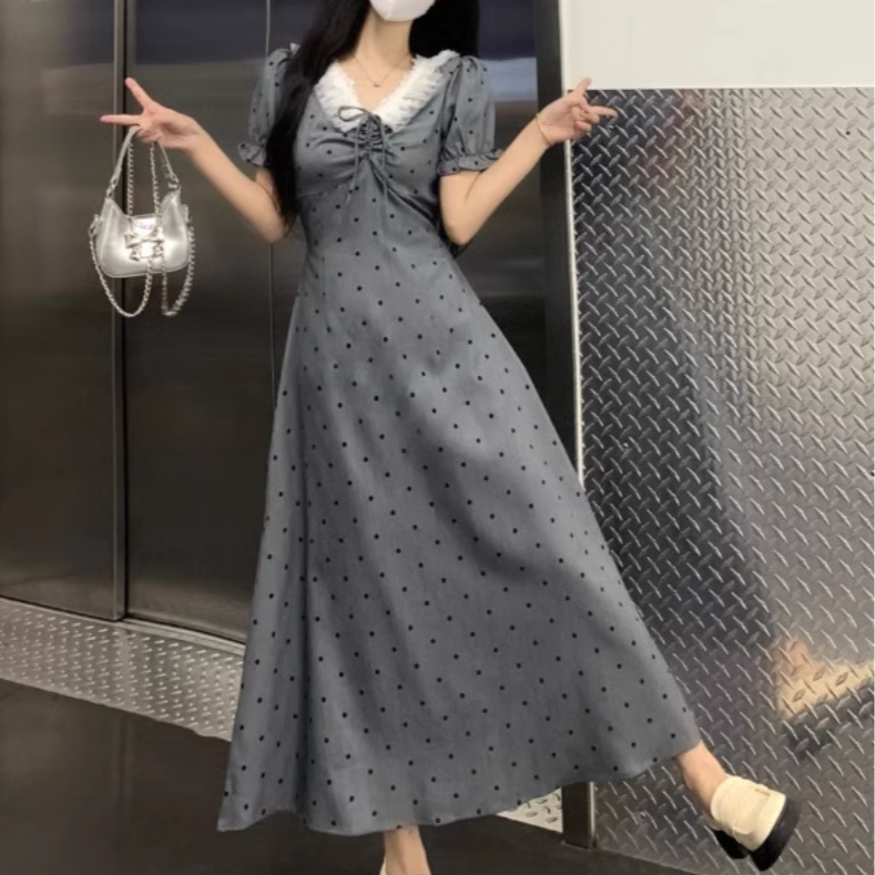 波点跳跃盐系女夏季收腰显瘦A字长裙胖MM皱褶抽绳波点裙子K69