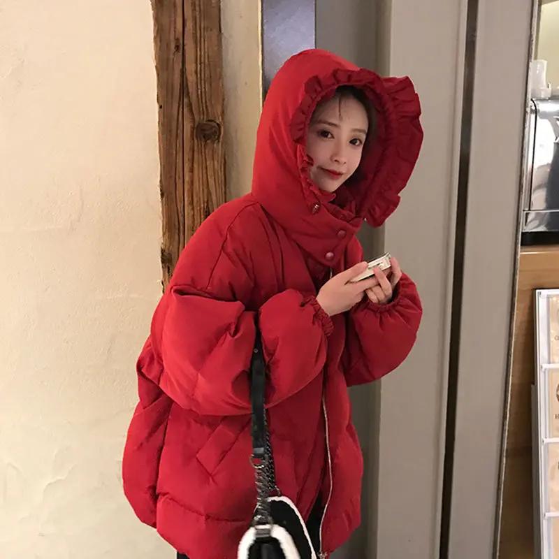 羽绒服2023新款爆款韩版学生红色短款连帽加厚宽松面包衣外羽绒棉