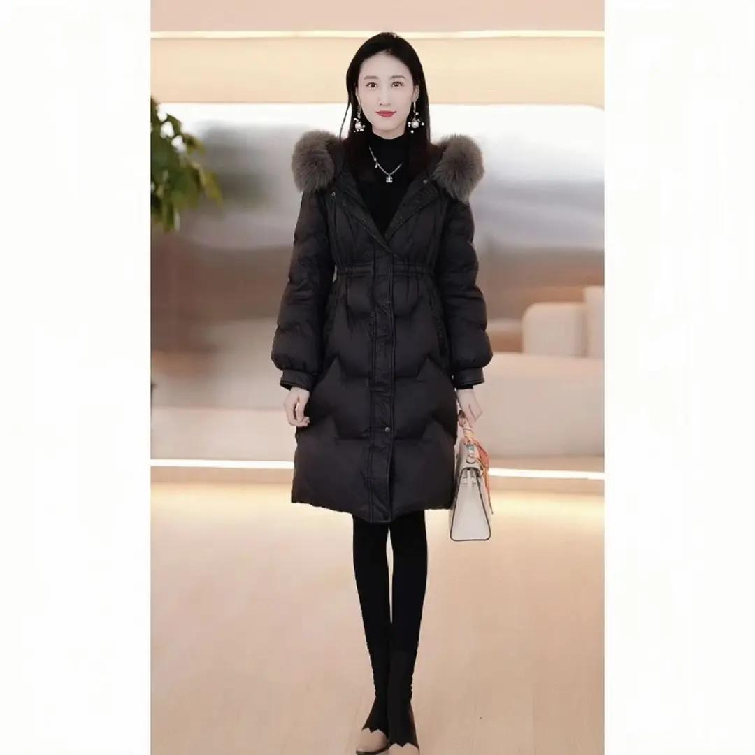 中长款羽绒服女冬季新款时尚气质毛领收腰显瘦白鸭绒保暖外套羽绒