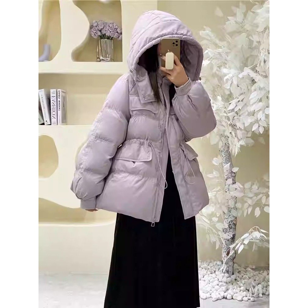 清廷心2023新款韩系芋泥紫收腰羽绒服女常规款冬装加厚连帽外套羽