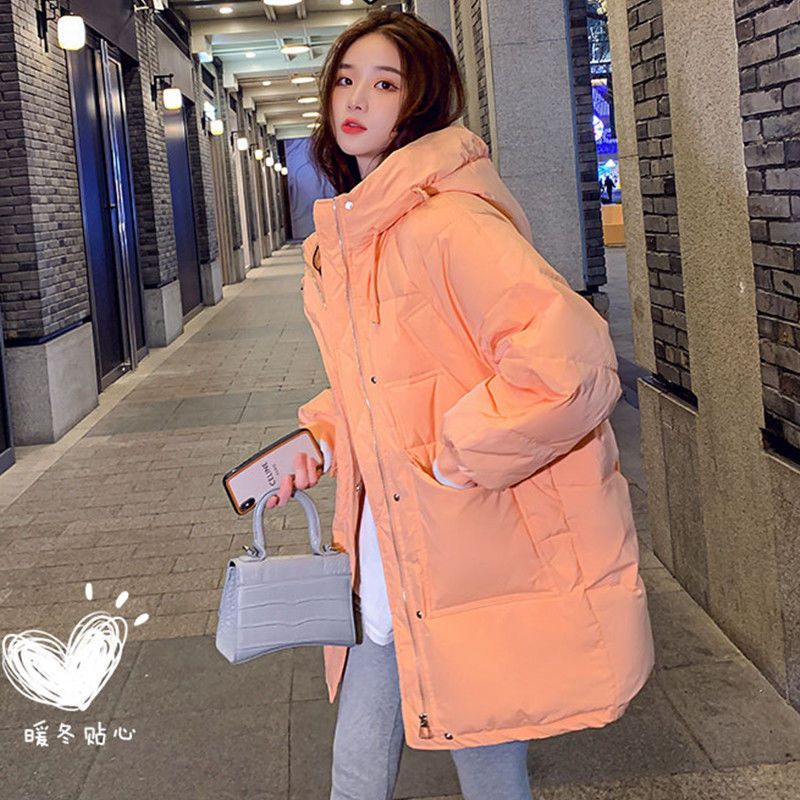 羽绒服橘色女士女款连帽中长款小个子宽松衣时尚学生外套潮羽绒棉