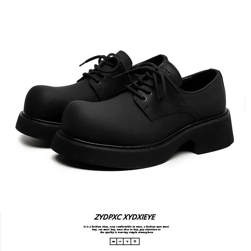 时尚休闲百搭圆头高级感米奇德比鞋男情侣英伦风黑低帮增高鞋厚底