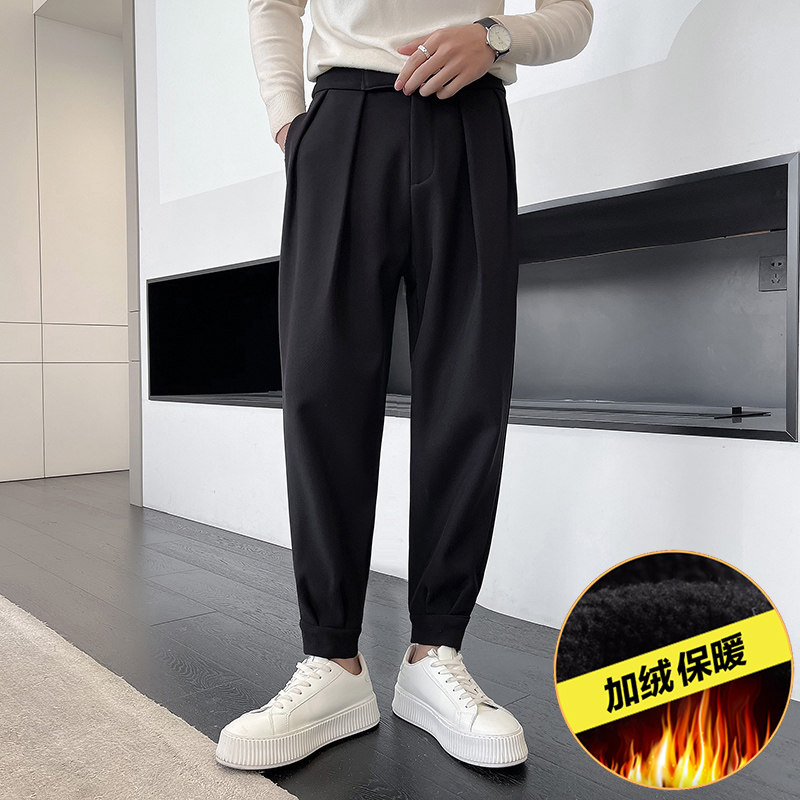 冬季新款长裤垂感抗皱百搭宽松魔术贴加绒加厚束脚痞帅男士休闲裤
