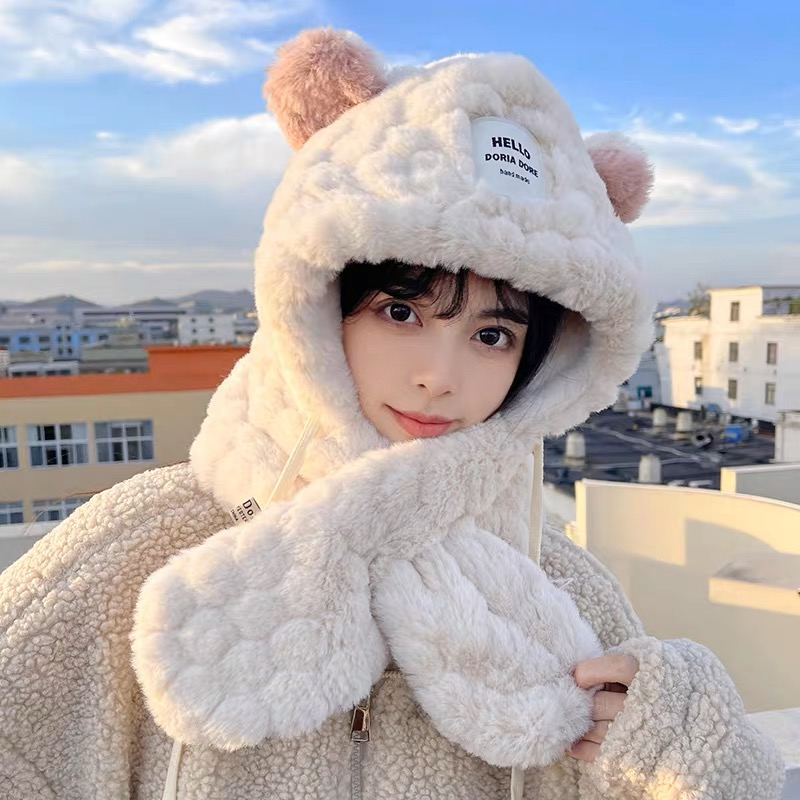 韩版潮毛绒小熊帽子围巾一体女秋冬季可爱两件套连帽围脖骑车保暖