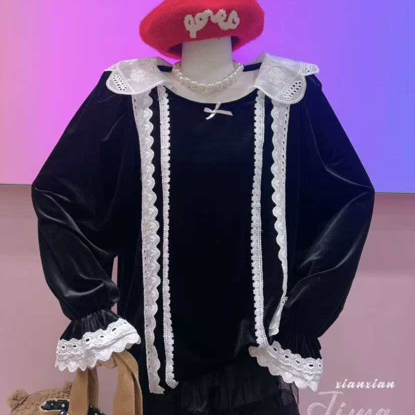 37【囍家】吉娃xianxian娃娃领蕾丝花边套头长袖小衫