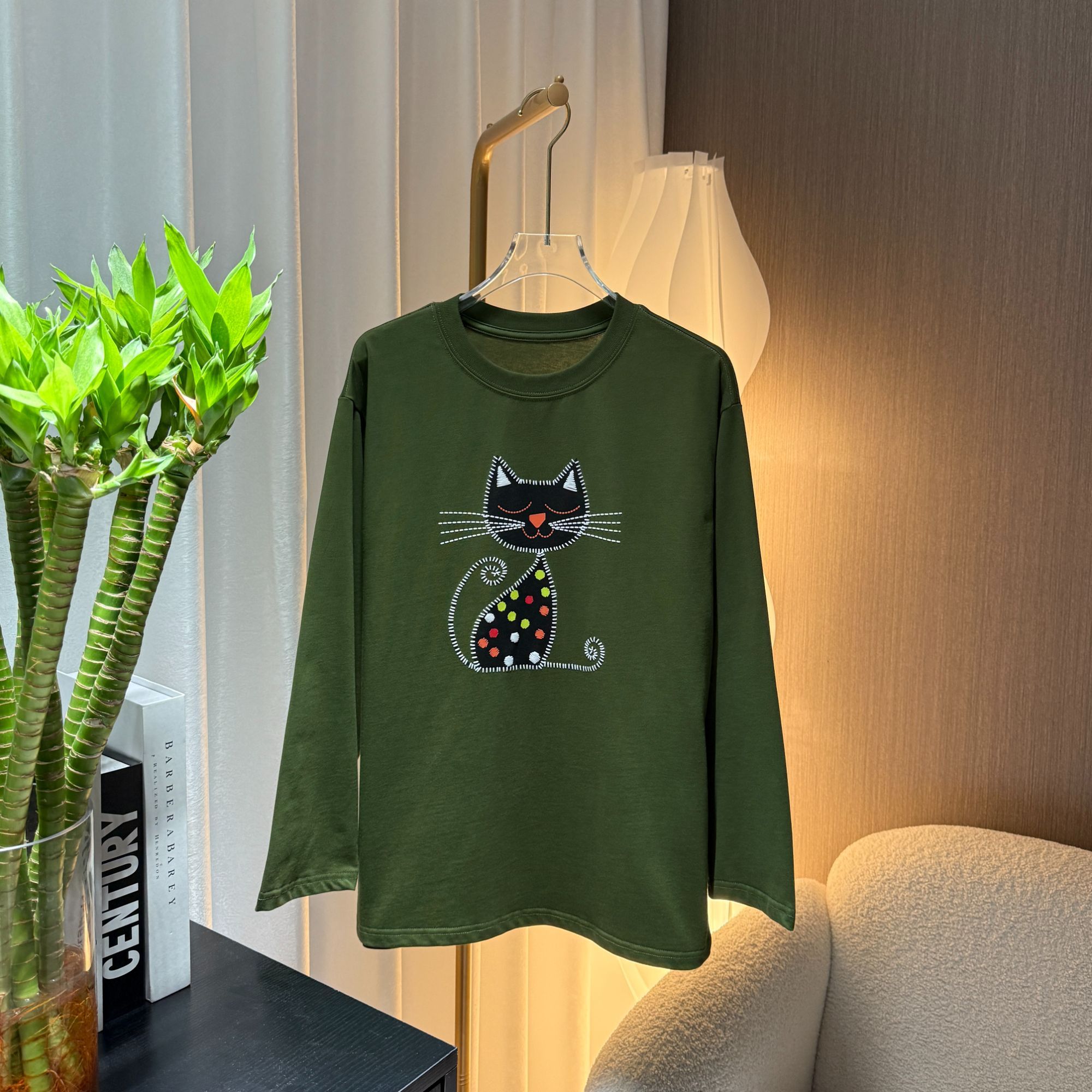 Chow&Fay -【猫咪】240g纯棉秋冬中长款时尚潮流百搭印花长袖T恤