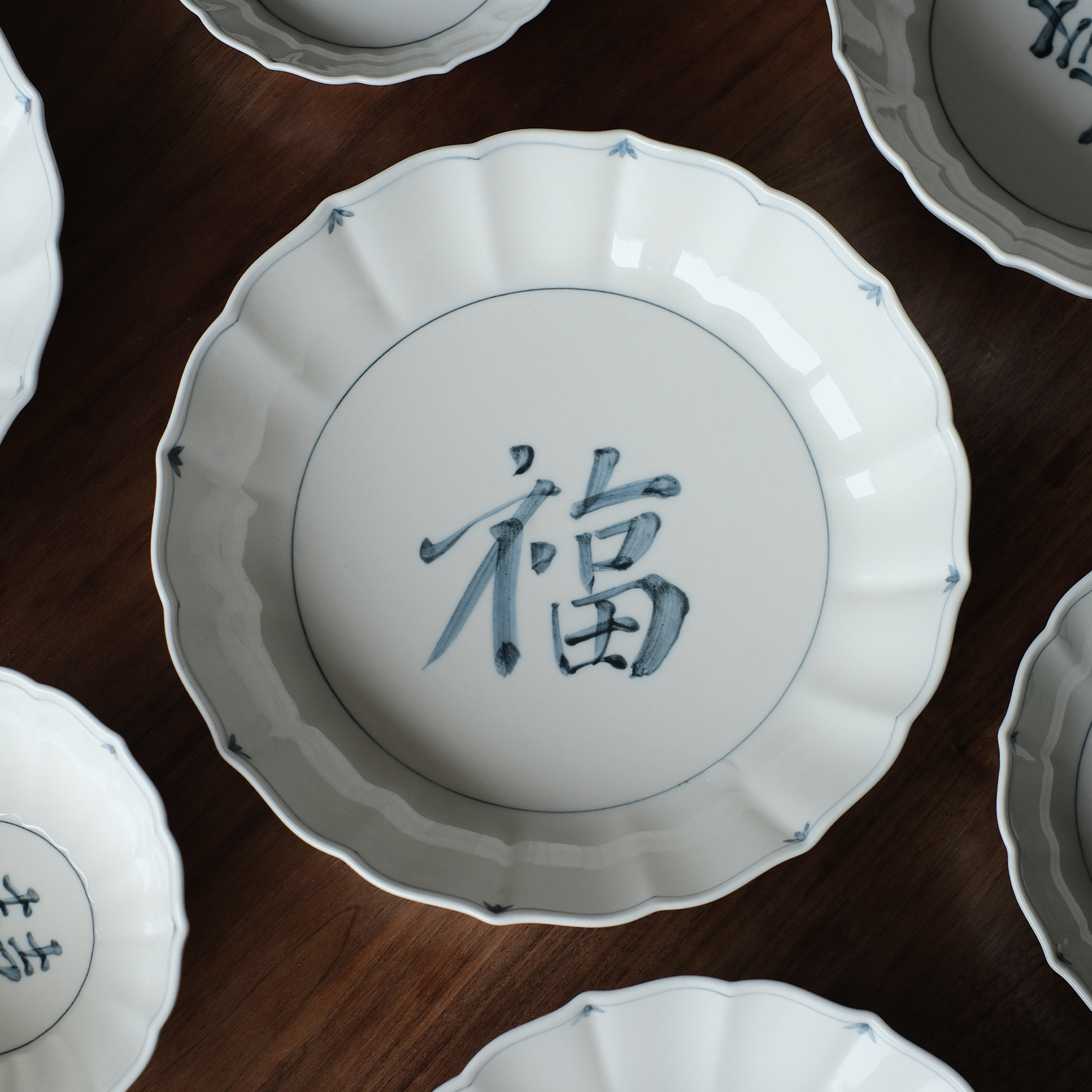 曼叙 | 恬素 | 手写青花福字喜字草木灰多边餐具中古碗盘碟