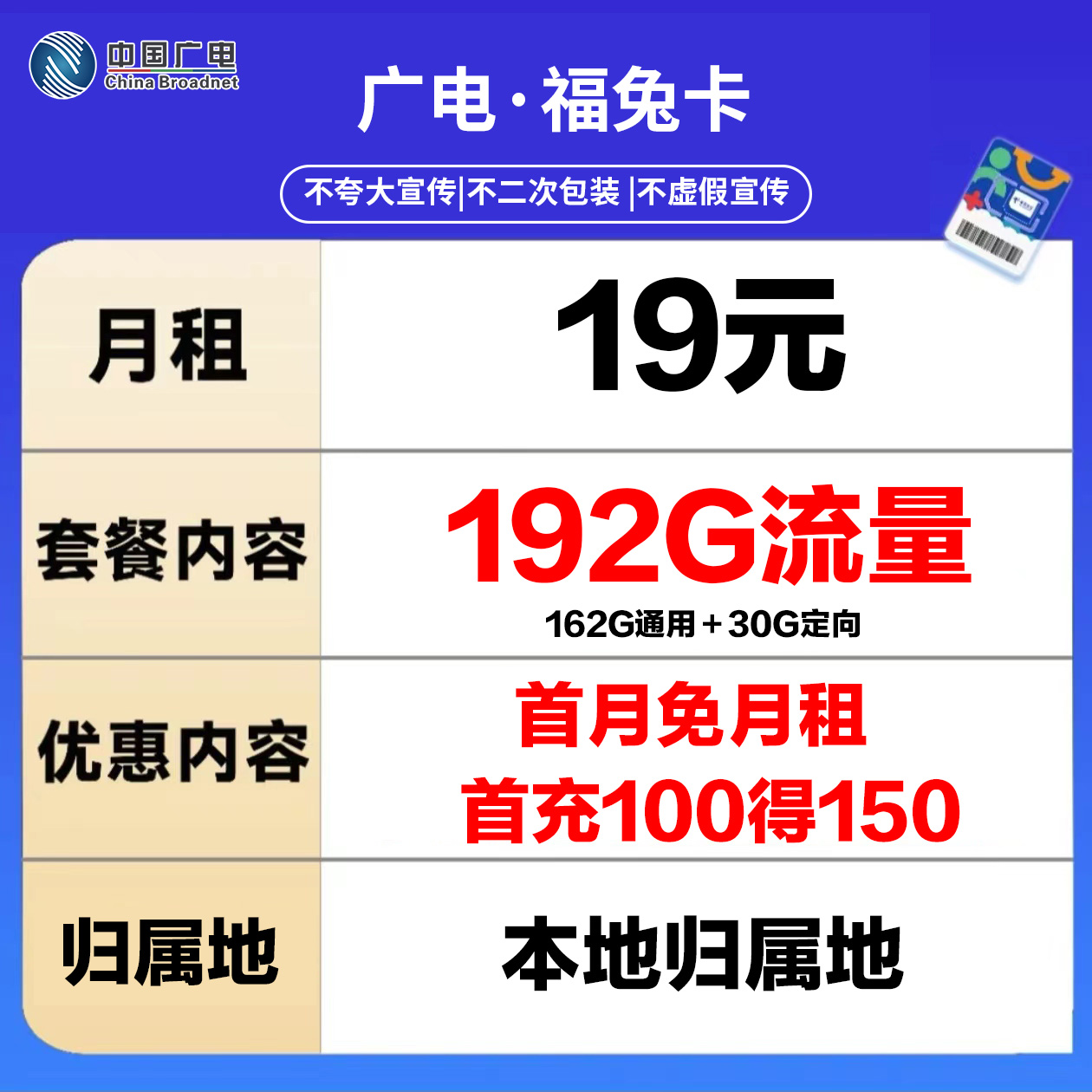 中国广电福兔卡本地归属地19元192G高速不限速全国流量卡电话卡5G