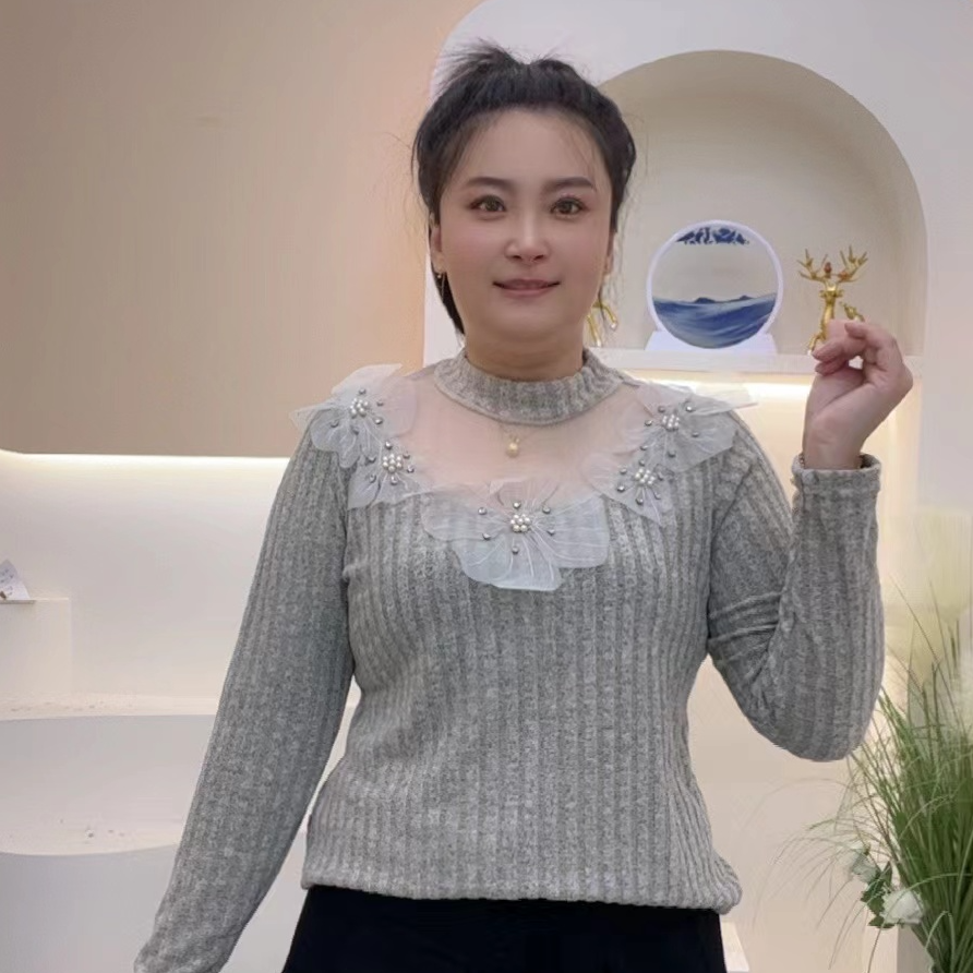 冬季新款8818欧货时尚重工钉珠网纱拼接气质减龄半高领百搭小衫