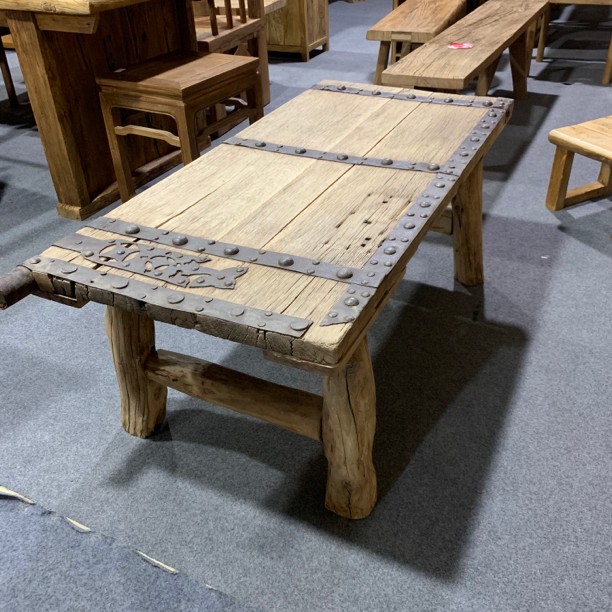 老榆木铁艺门板茶桌矮桌中式客厅家用阳台原木色