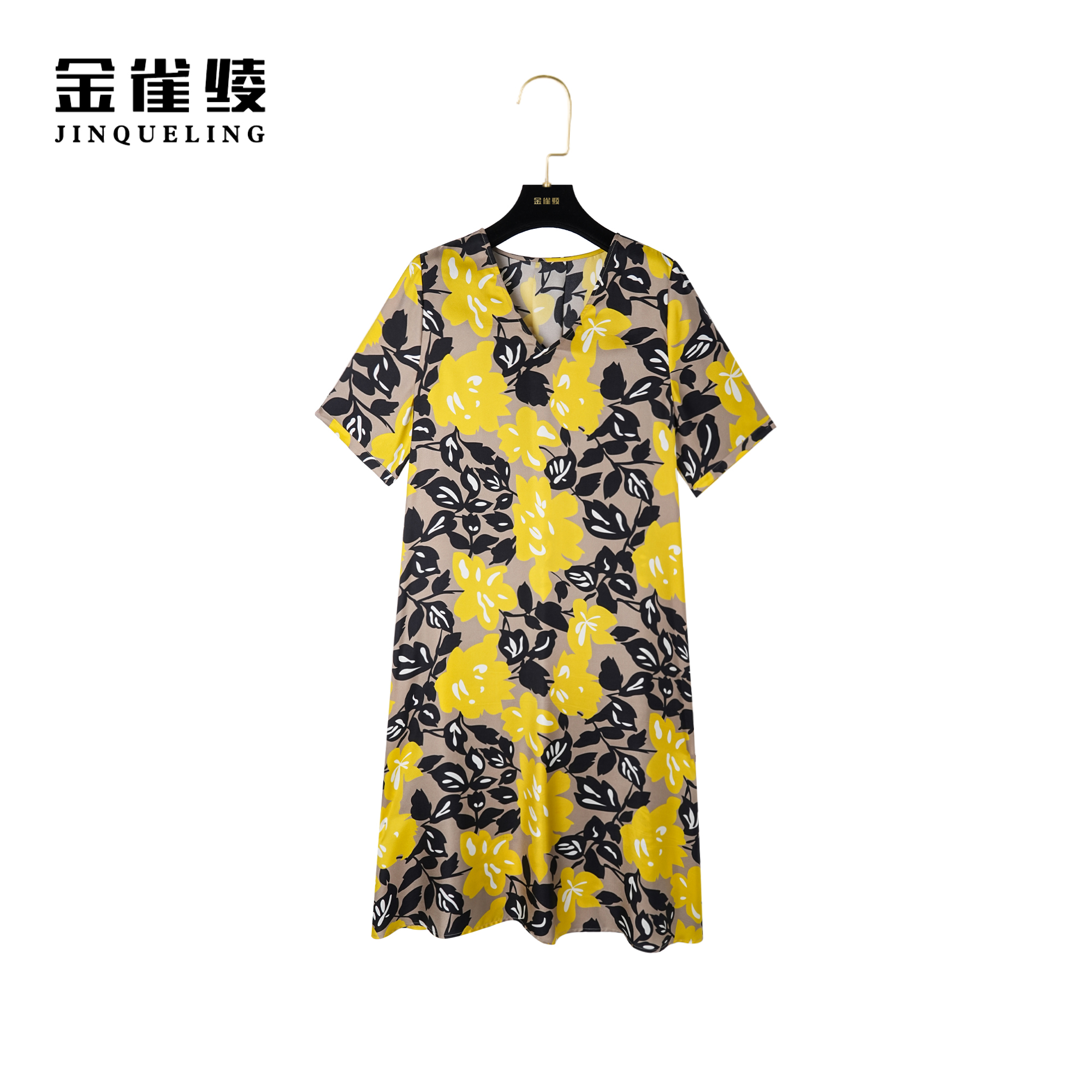 金雀绫【金苹果】100桑蚕丝夏季法式V领遮肉透气亲肤连衣裙B23055