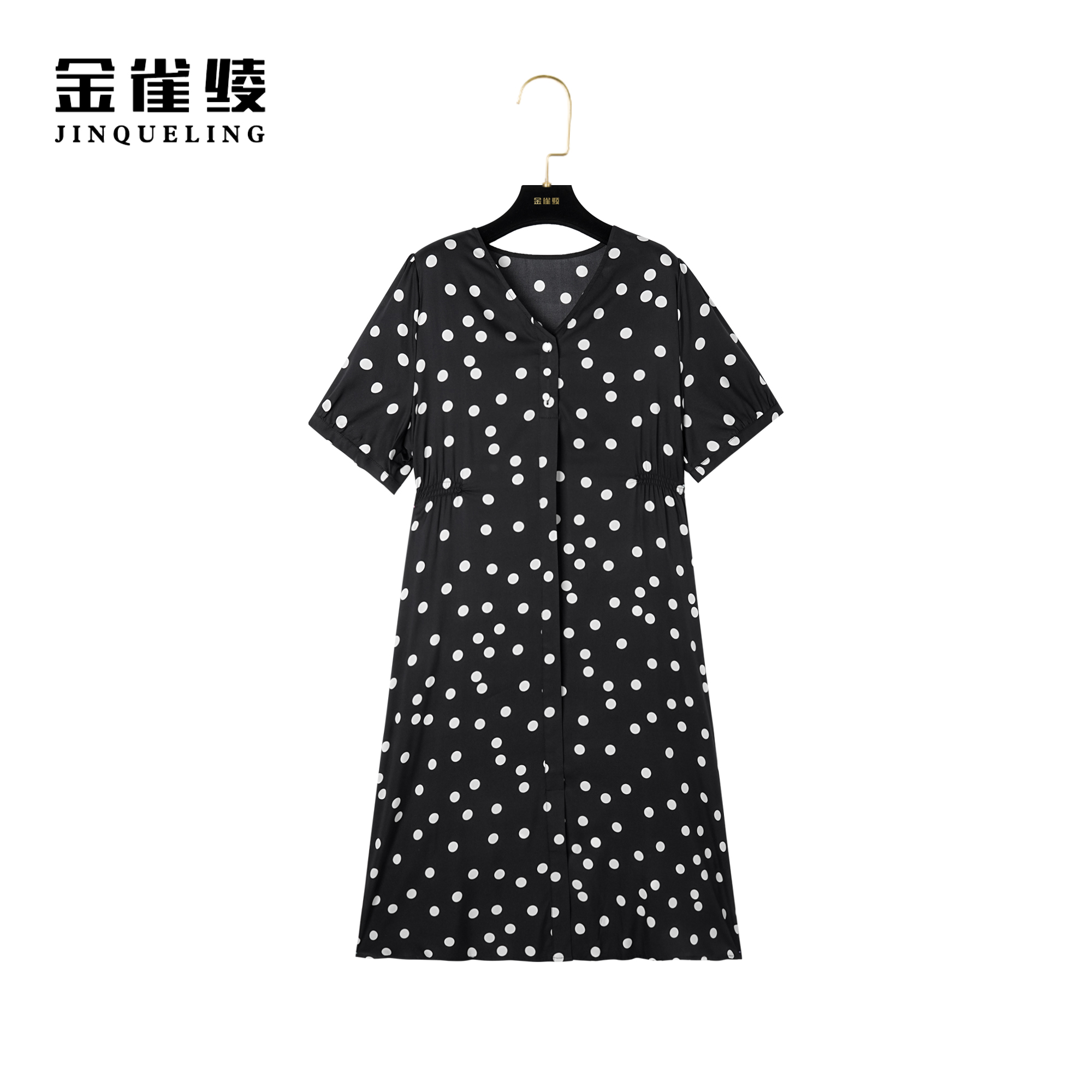 【金雀绫】真丝桑蚕丝连衣裙夏季新款V领波点收腰连衣裙B23062