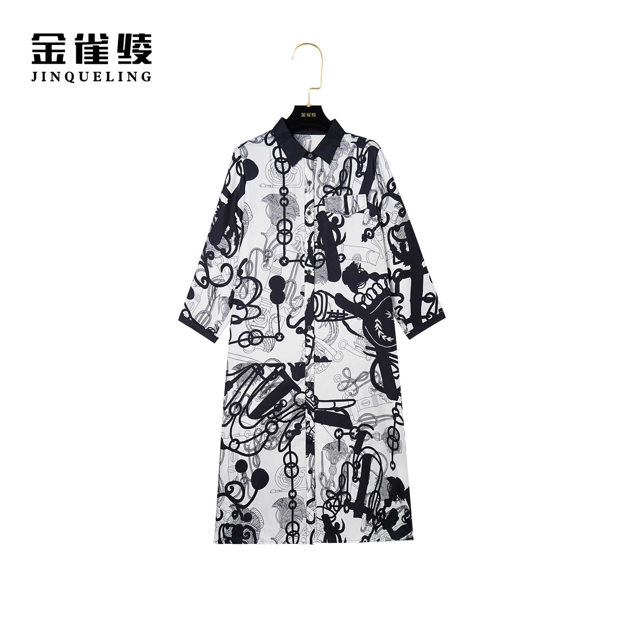 金雀绫【凡尔赛】桑蚕丝新款北欧印花宽松衬衫领女装连衣裙B23081