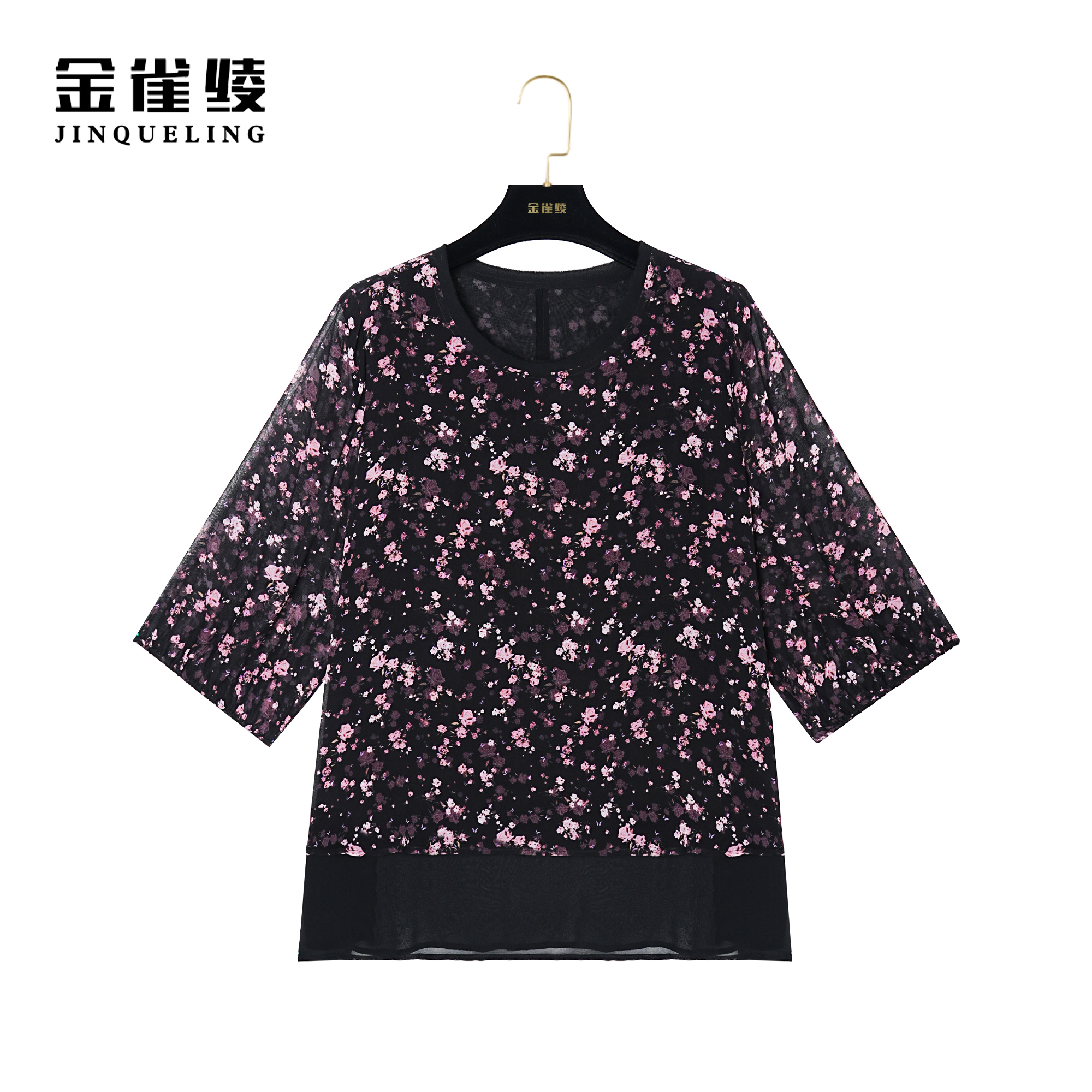 金雀绫【杏雨微凉】100桑蚕丝时尚印花圆领休闲小衫AS6204