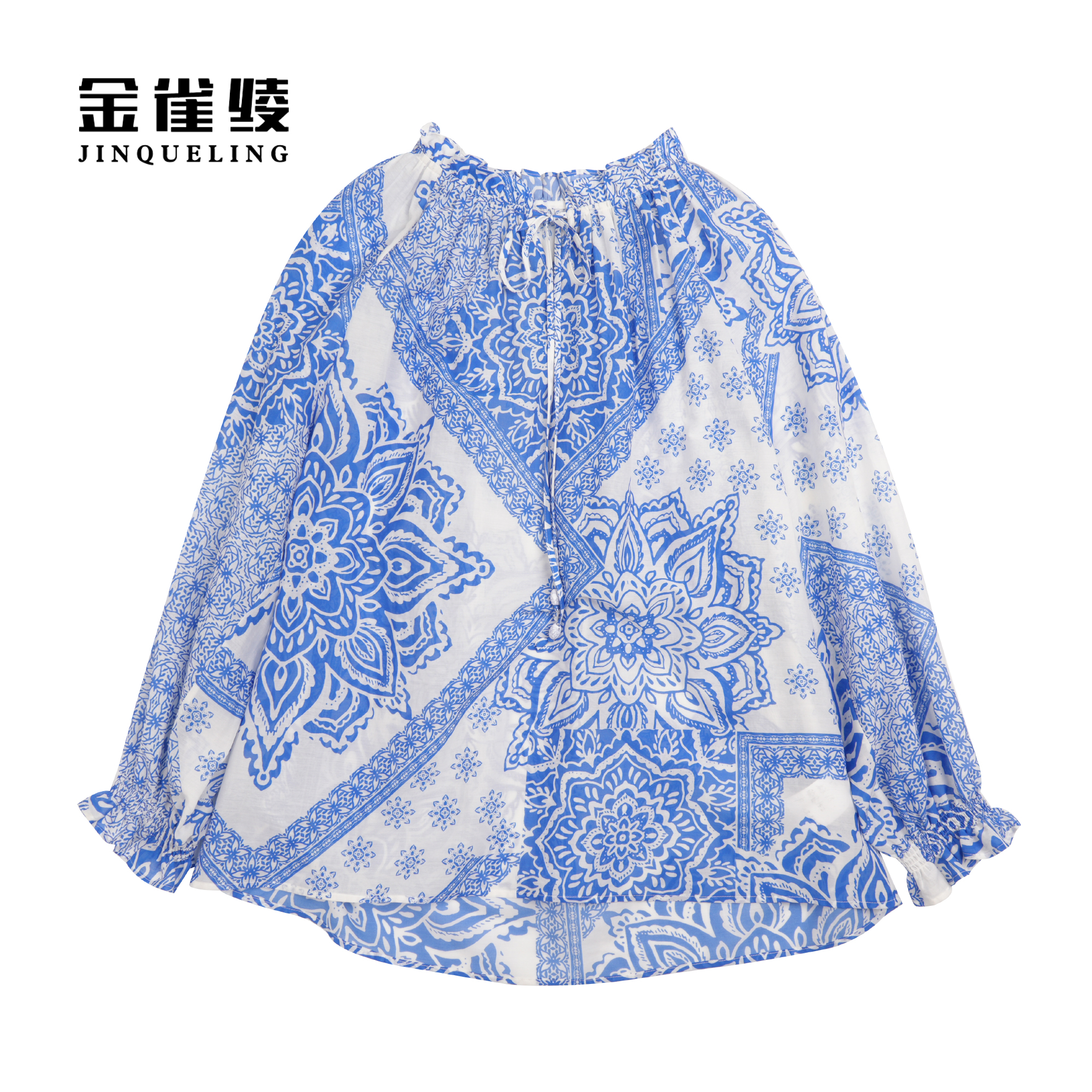 金雀绫【蓝调往事】真丝桑蚕丝春季新款宽松休闲印花衬衫B23168