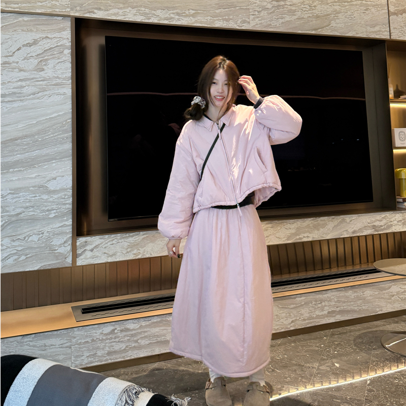 秋冬新款纯色拉链口袋宽松休闲棉服外套+半身裙套装