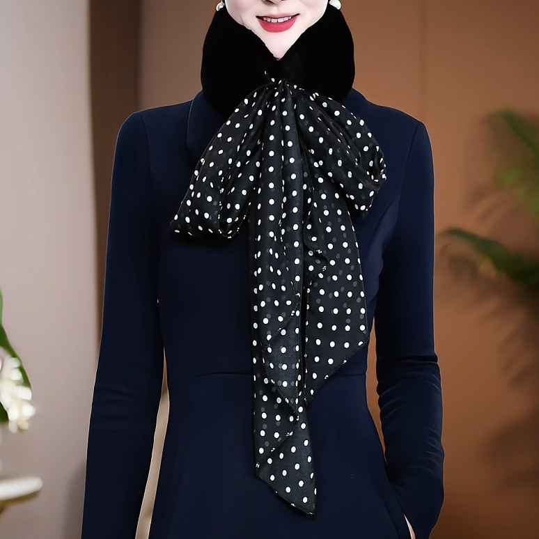 新款秋冬复古飘带气质毛领围巾高贵气质裙子