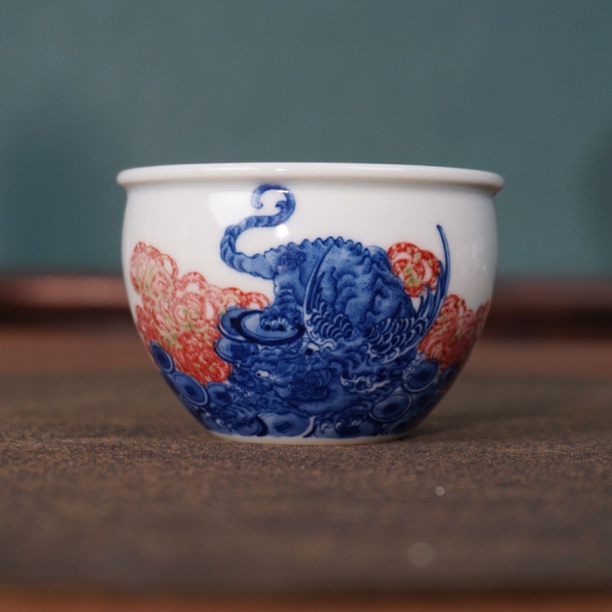 【和然窑】青花釉里红麒麟卧足缸杯手工手绘主人杯高端茶器 100ml