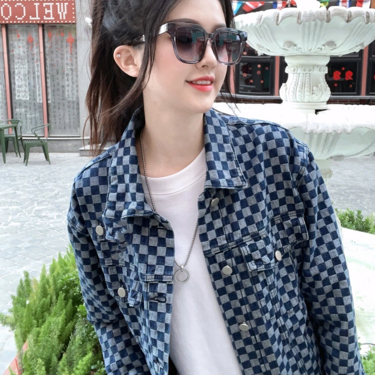 情侣款秋季时尚长袖牛仔秋冬满印潮流印花复古百搭翻领宽松2676