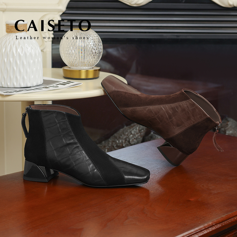 头层牛皮/3.5cm2秋冬新款粗跟真皮百搭时尚气质拼接短靴24X057