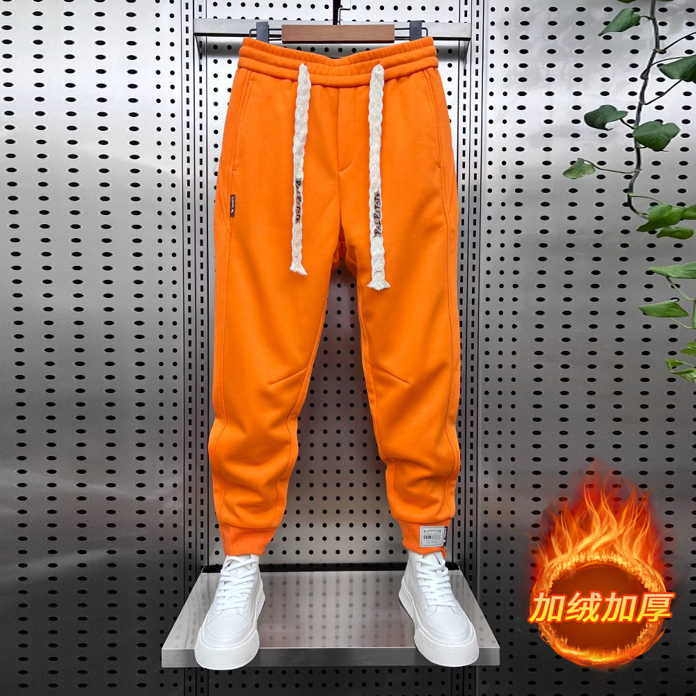 冬季纯色加绒加厚运动卫裤男款网红百搭修身束脚裤潮流韩版哈伦裤