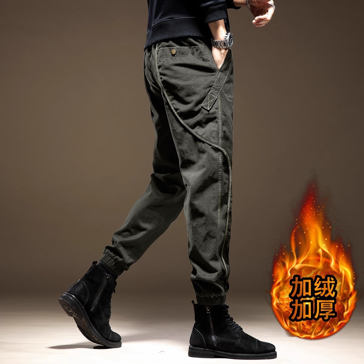 美式重磅军绿工装裤子男2023秋冬加绒宽松大码束脚潮牌男士休闲裤
