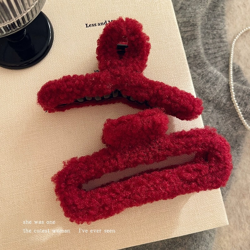 秋冬复古红色羊羔毛绒发夹女后脑勺抓夹新年发卡过年鲨鱼夹子发饰