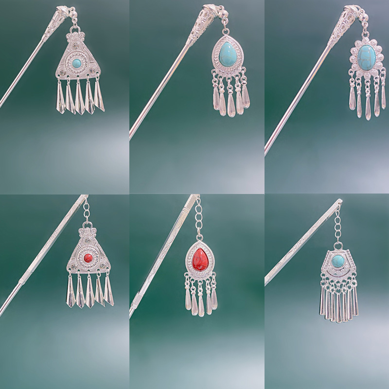 新款流苏仿松石发簪复古气质少数名族风合金镂空古装新娘盘发簪子