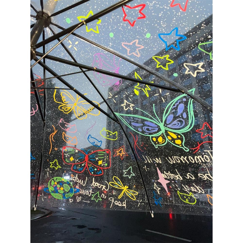 透明手绘雨伞diy材料包儿童成人学生上学专用手动长柄伞创意礼物