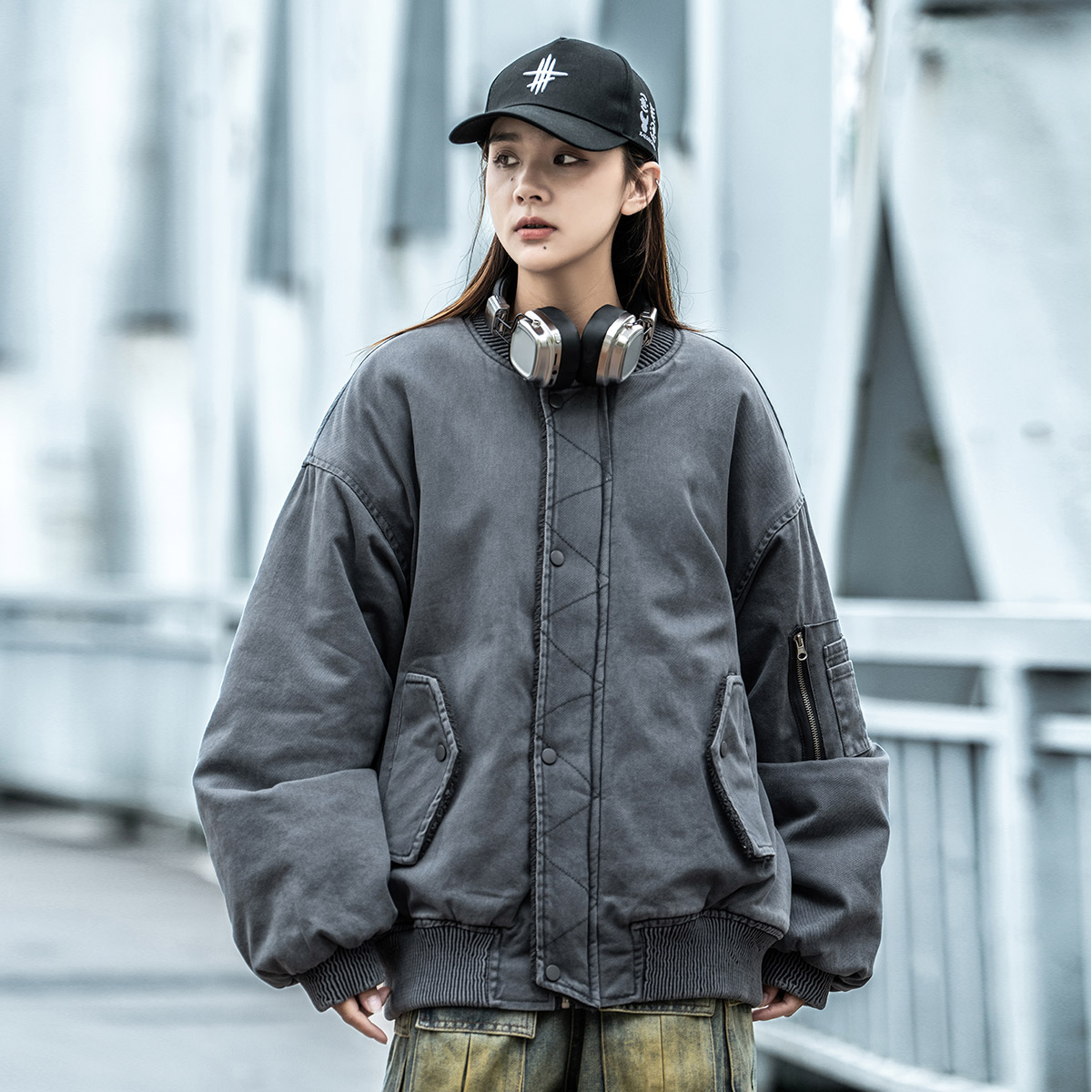 AOGZ国潮牌美式复古棒球领加绒保暖夹克外套冬季加厚情侣工装棉服