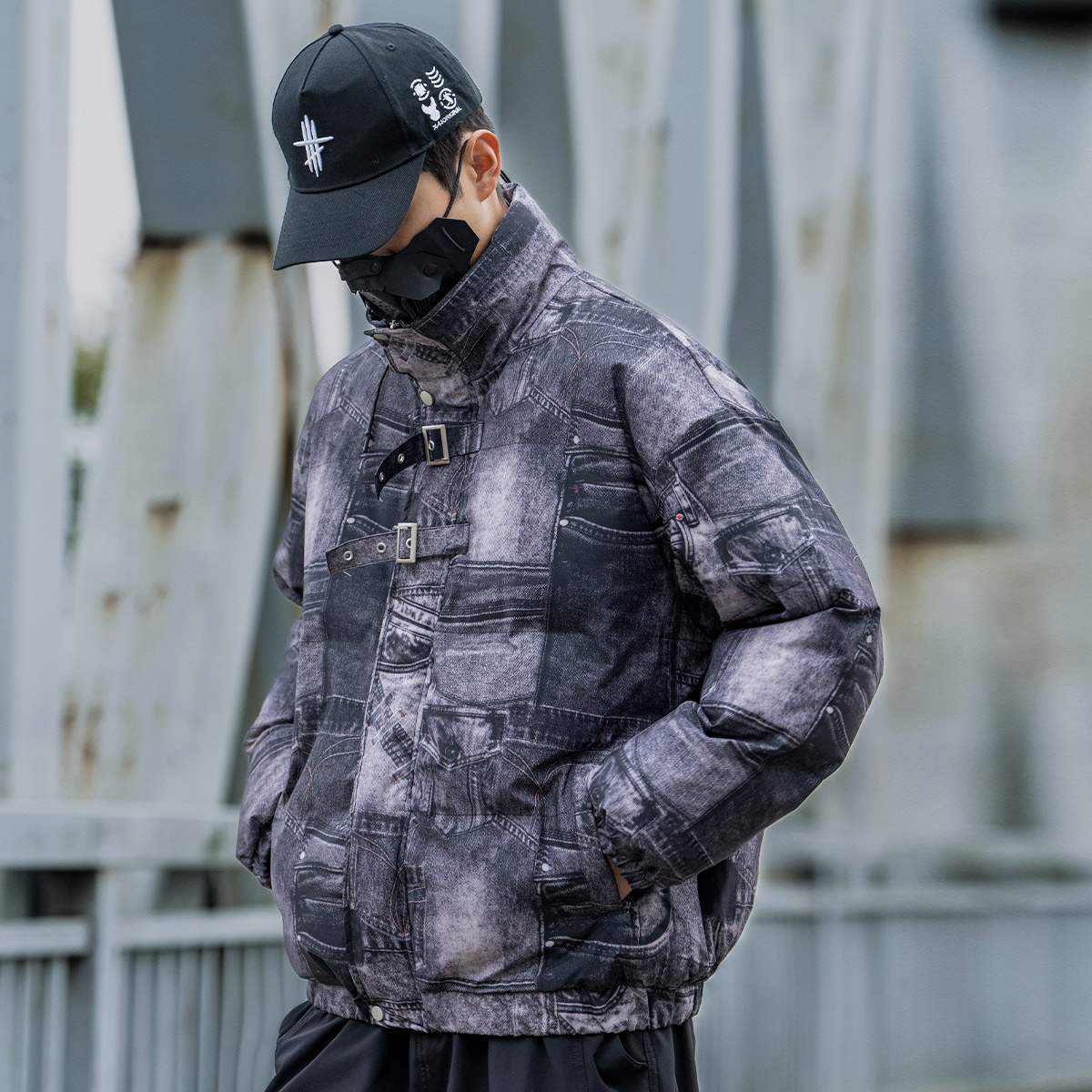 AOGZ国潮美式复古街头涂鸦牛仔棉服男冬季设计感宽松加厚立领棉衣