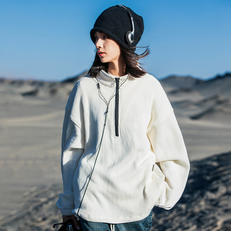 AOGZ国潮牌半拉链套头毛衣男女秋冬季美式加绒上衣情侣针织衫外套