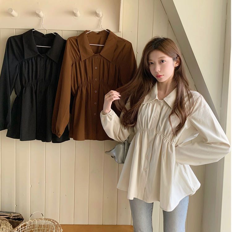 秋季宽松收腰正肩长袖衬衫女显瘦遮肚子荷叶边娃娃衫上衣66199#