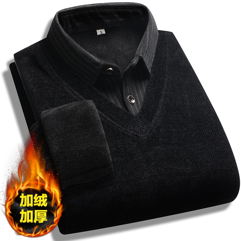 加绒加厚爸爸装冬季新款保暖毛衣中老年休闲假两件衬衫领打底衫