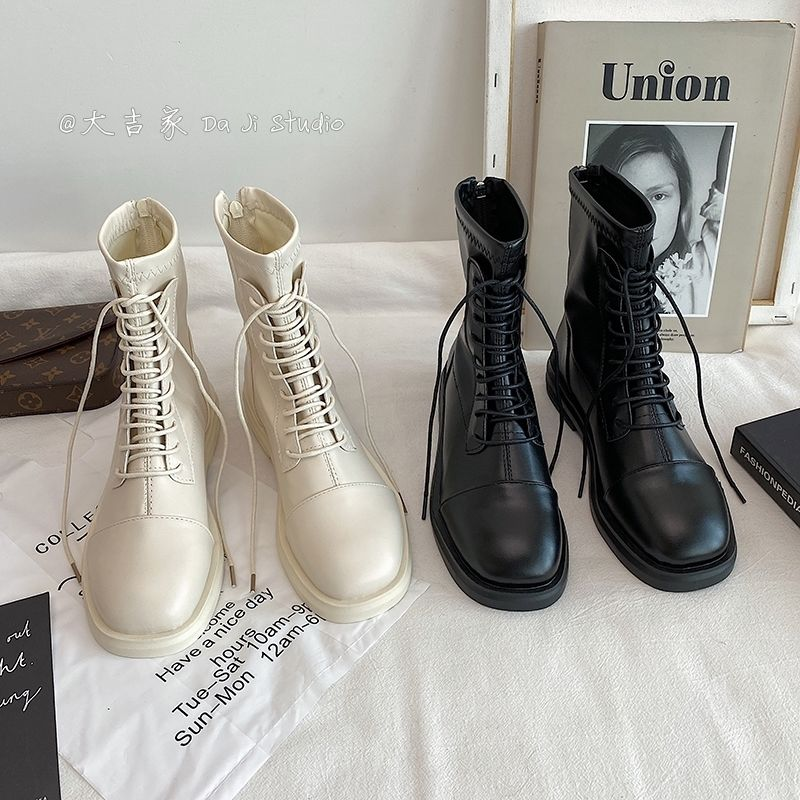红蜻蜓牌真软皮后拉链马丁靴薄款英伦风百搭短靴子2023年新款春秋