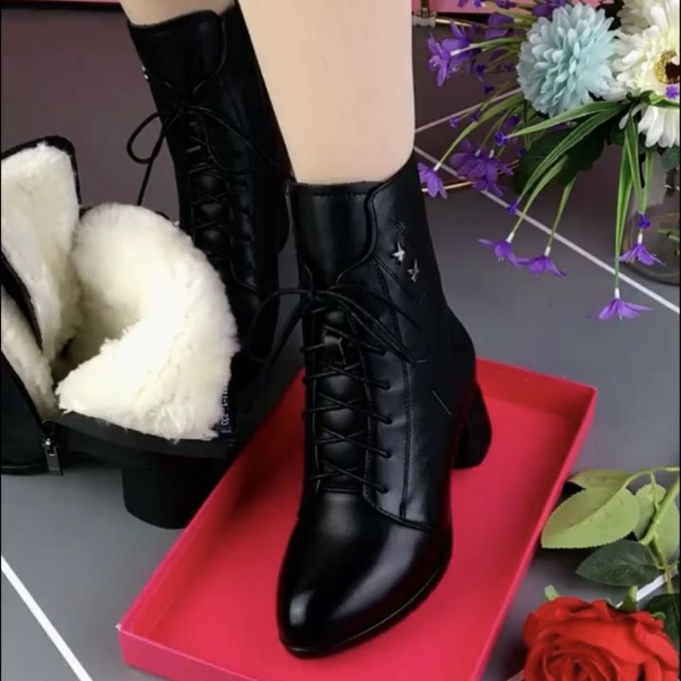 红蜻蜓牌软皮马丁靴女软皮2023冬季新款尖头系带保暖加厚粗跟中筒