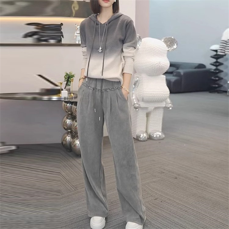 设计感高级渐变色连帽针织衫女装2025春季新款高腰阔腿裤两件套潮