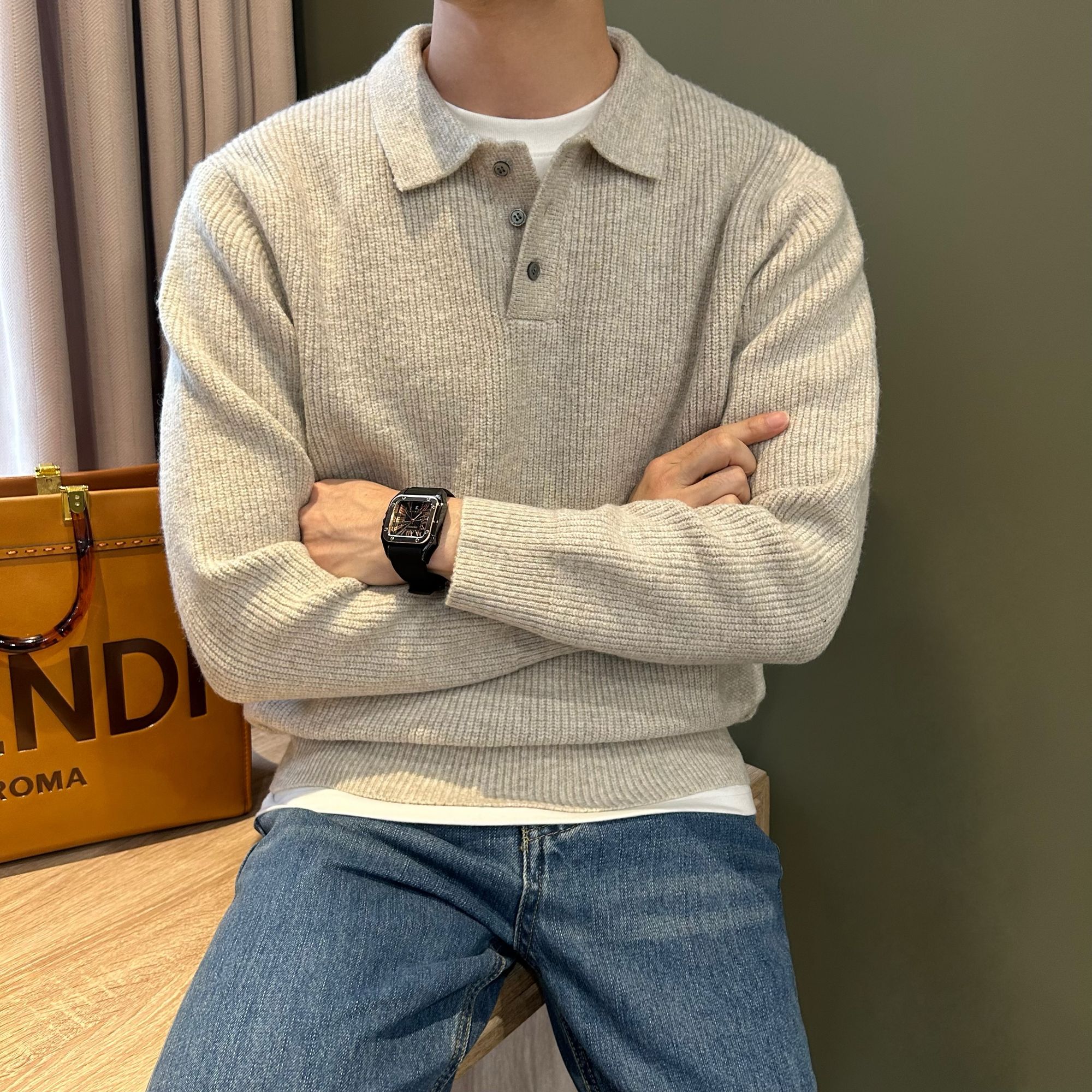 WUSHE物社男秋冬季韩版休闲针织衫慵懒风纯色套头长袖简约毛衣男