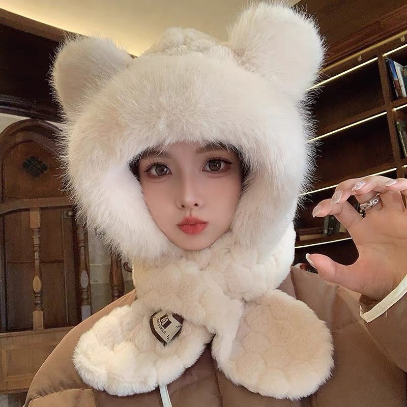 022可爱小熊耳朵帽子围巾一体女冬季保暖套头帽护脸骑车防风帽