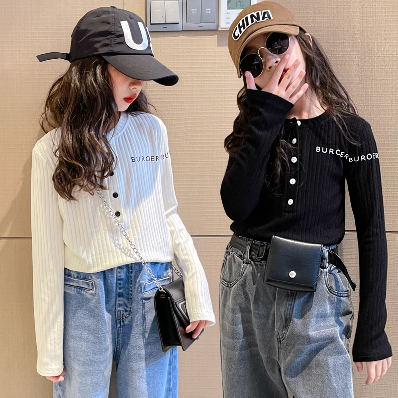 【月蜜儿】女童秋季气质字母提花打底衫中大童韩版儿童长袖上衣T恤