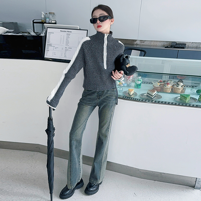 【月蜜儿】女童秋季灰色设计感半拉链高领毛衣中大童韩版小众毛衣潮