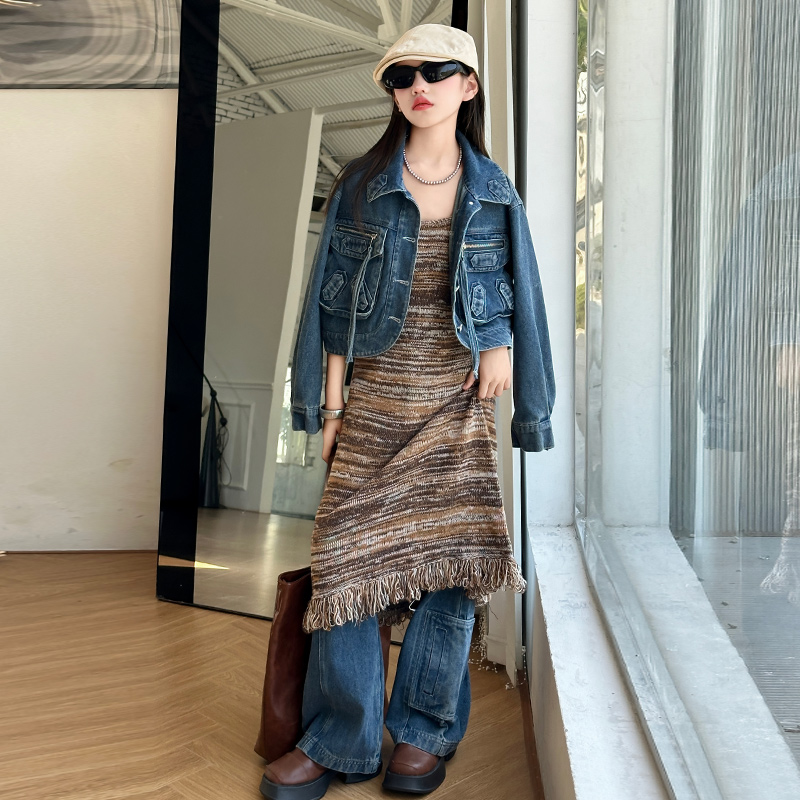 【月蜜儿】女童秋季牛仔裤子中大童牛仔外套时尚女孩子新款雅丹风