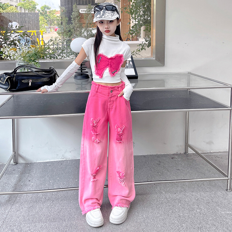 【月蜜儿】女童秋季吊染蝴蝶牛仔裤子中大童韩版设计感辣妹风上衣潮