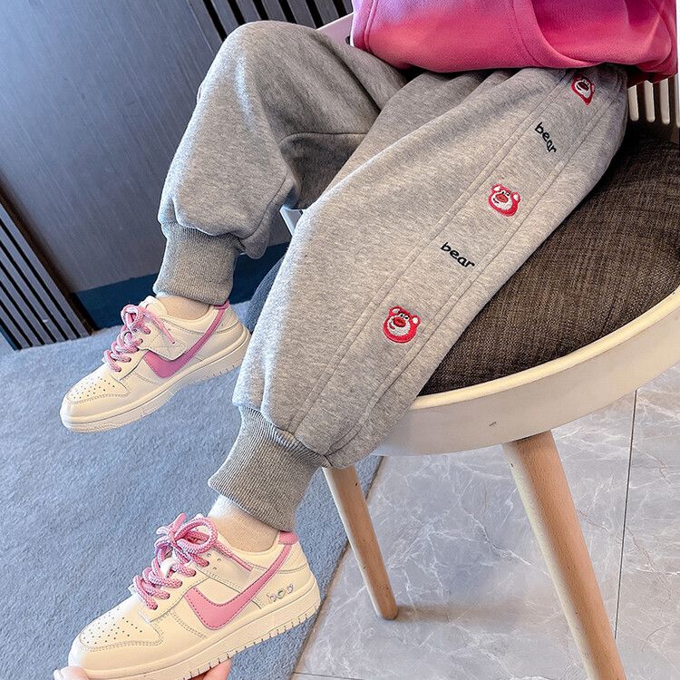 草莓熊女童长裤子秋冬小女孩女宝宝卫裤束脚裤一体绒加绒加厚秋季