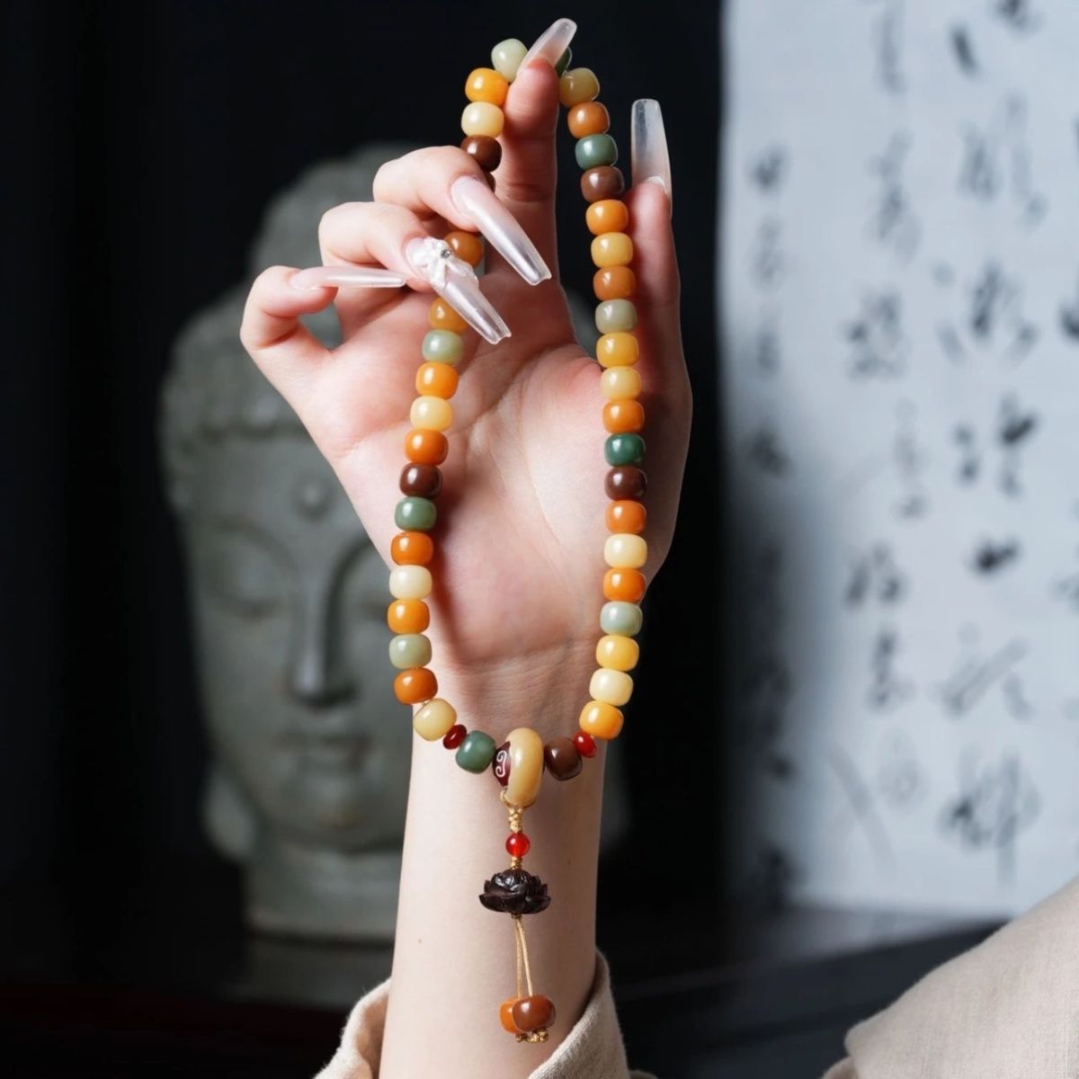 【向阳而生】多宝菩提根双圈手持菩提子跑环回纹珠莲花（盘玩袋）