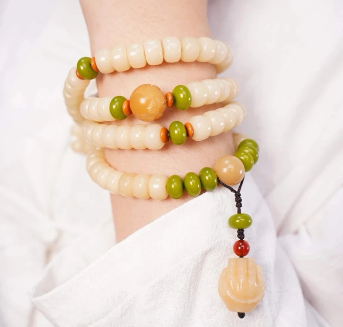 奶油黄菩提根多圈手串青菩提算盘珠隔珠风化菩提佛手（盘玩袋手套）